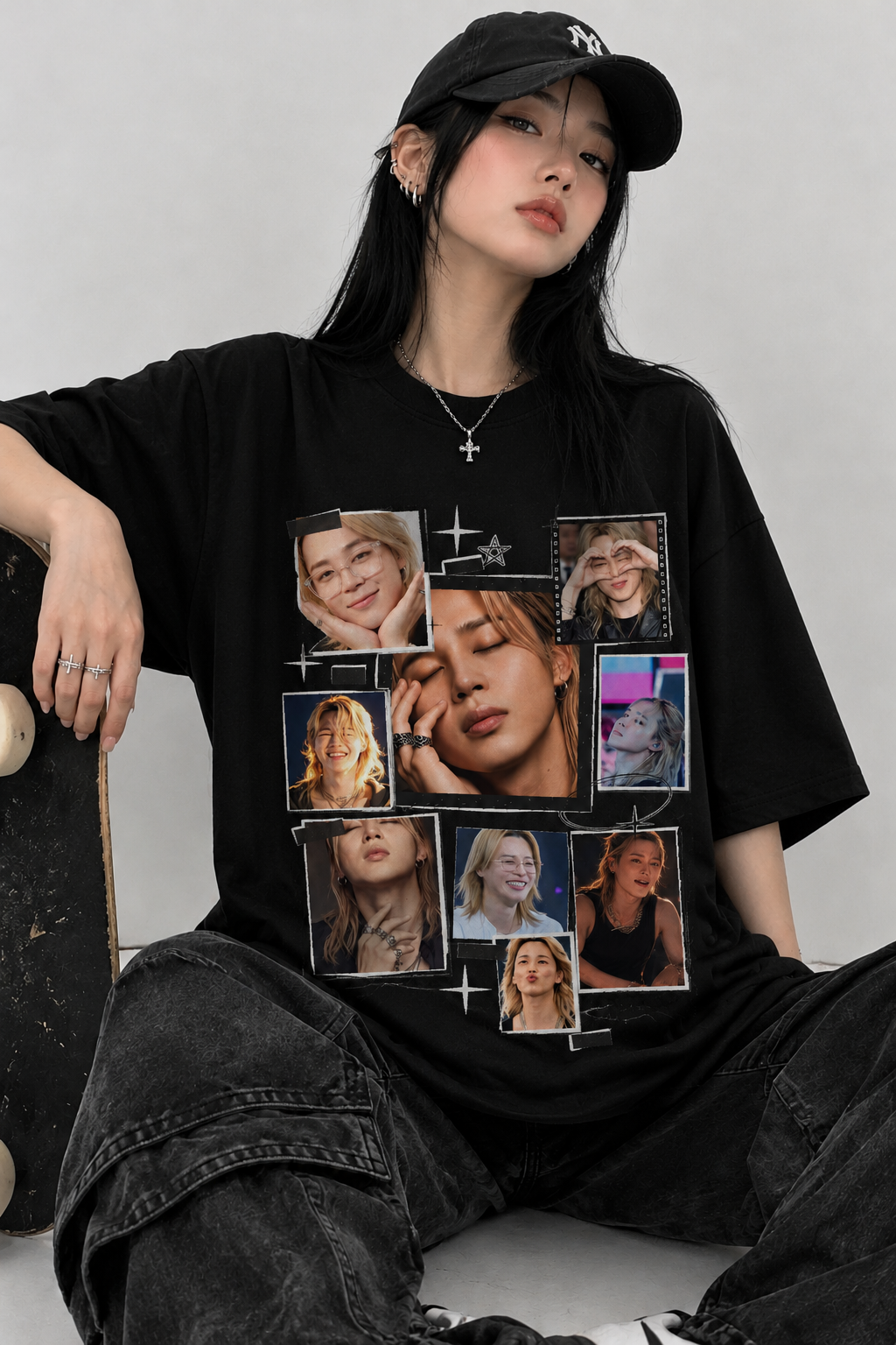 retrato editorial com camiseta preta e colagem retrato editorial com camiseta preta e colagem